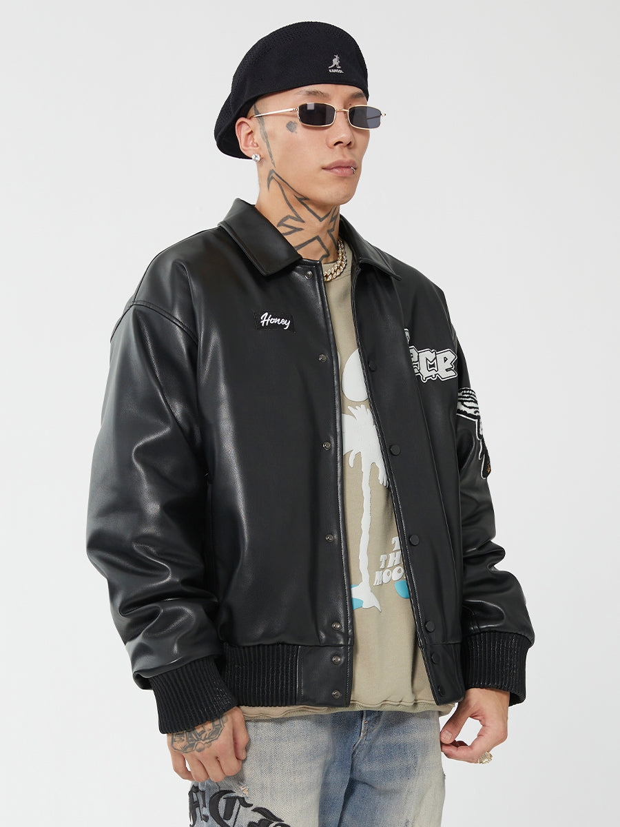F2CE Leather Embroidery LOGO Varsity Jacket | Face 3 Face