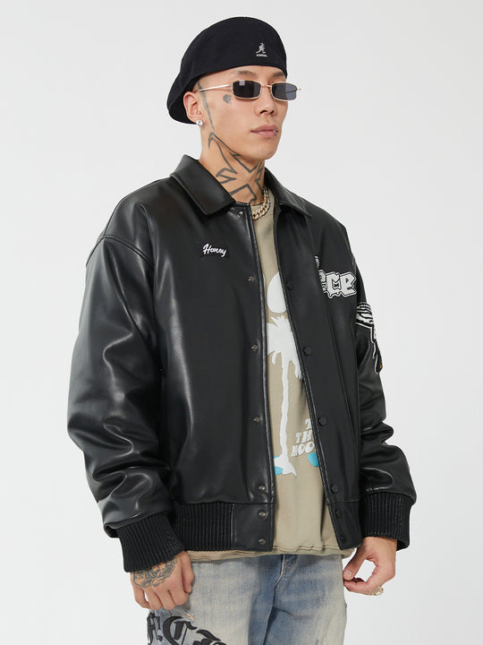 F2CE Leather Embroidery LOGO Varsity Jacket | Face 3 Face