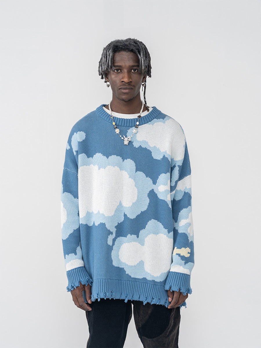 Harsh and Cruel Blue Sky Cloud Ripped Knit Sweater | Face 3 Face