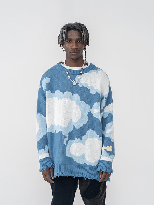 Harsh and Cruel Blue Sky Cloud Ripped Knit Sweater | Face 3 Face