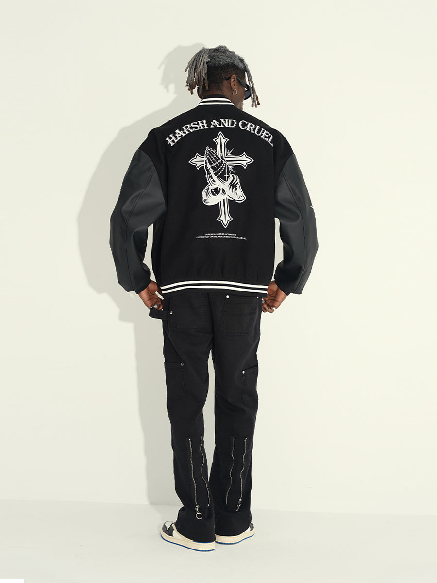 Harsh and Cruel Cross Embroidered Varsity Jacket | Face 3 Face