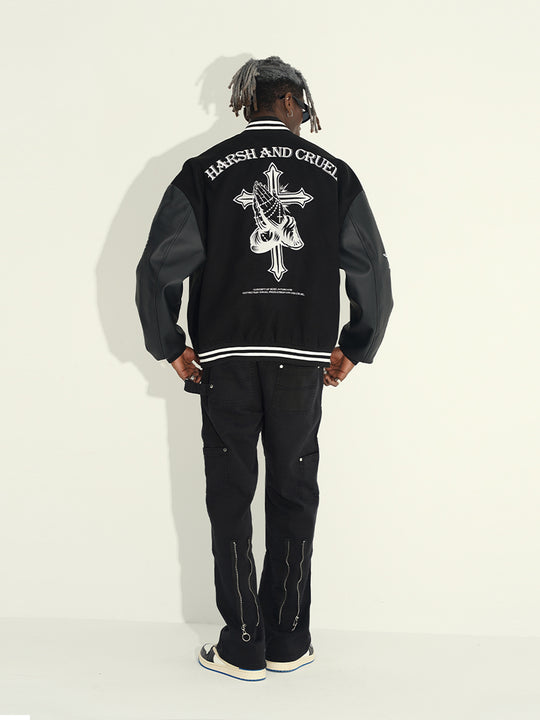 Harsh and Cruel Cross Embroidered Varsity Jacket | Face 3 Face