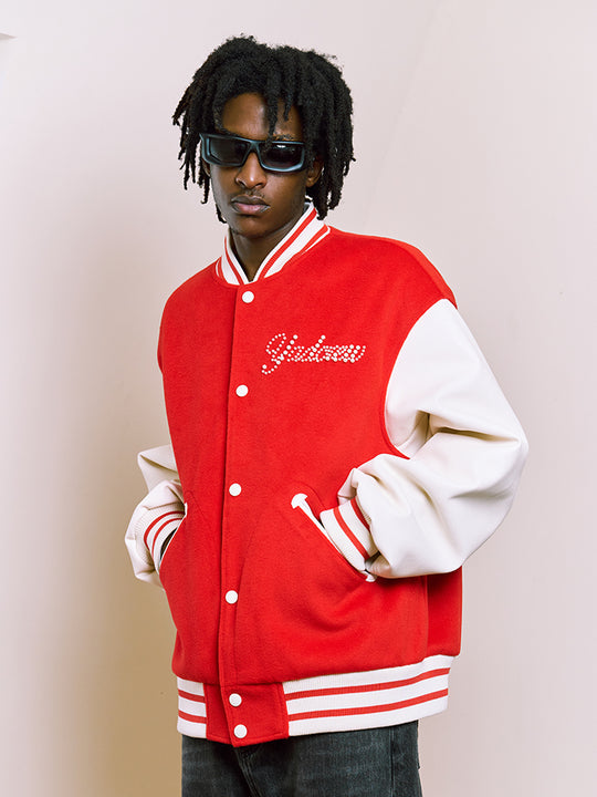 YADcrew Pearl Text Typography Baseball Jacket