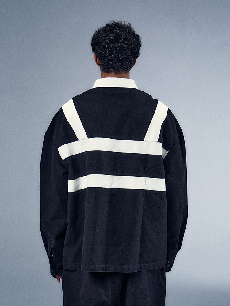 YADcrew x BIPOLAR Embroidered Long Sleeve Patchwork Polo Shirt