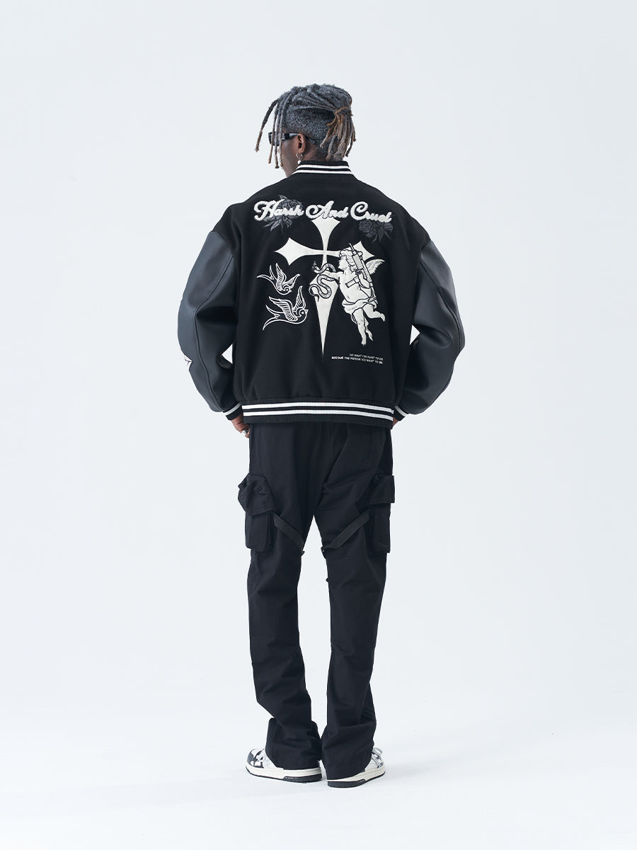 Harsh and Cruel Cross Angel Embroidered Varsity Jacket | Face 3 Face