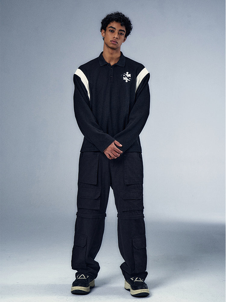 YADcrew x BIPOLAR Patchwork Embroidery Long Sleeve Polo Shirt