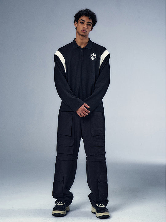 YADcrew x BIPOLAR Patchwork Embroidery Long Sleeve Polo Shirt