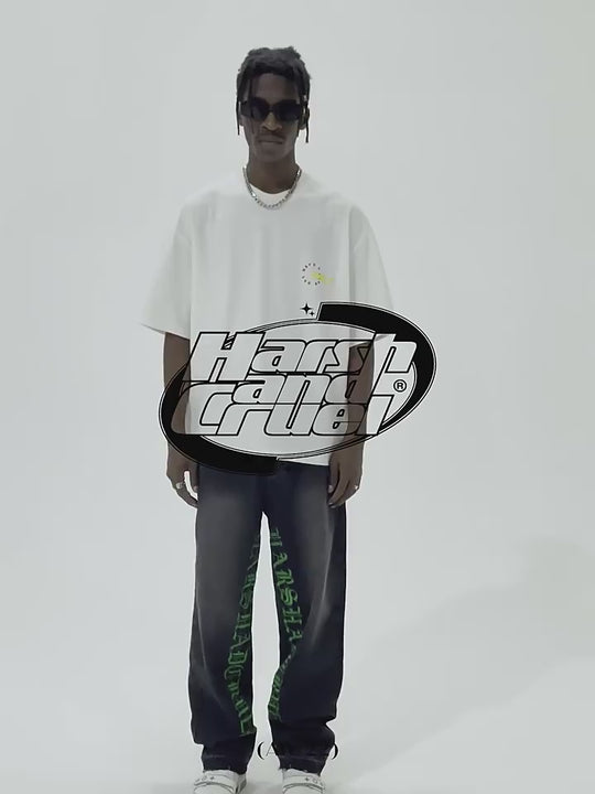 Harsh and Cruel Embroidered Logo Loose Washed Denim