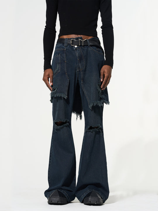 BLIND NO PLAN False Two Piece Washed Destroyed Denim Jeans